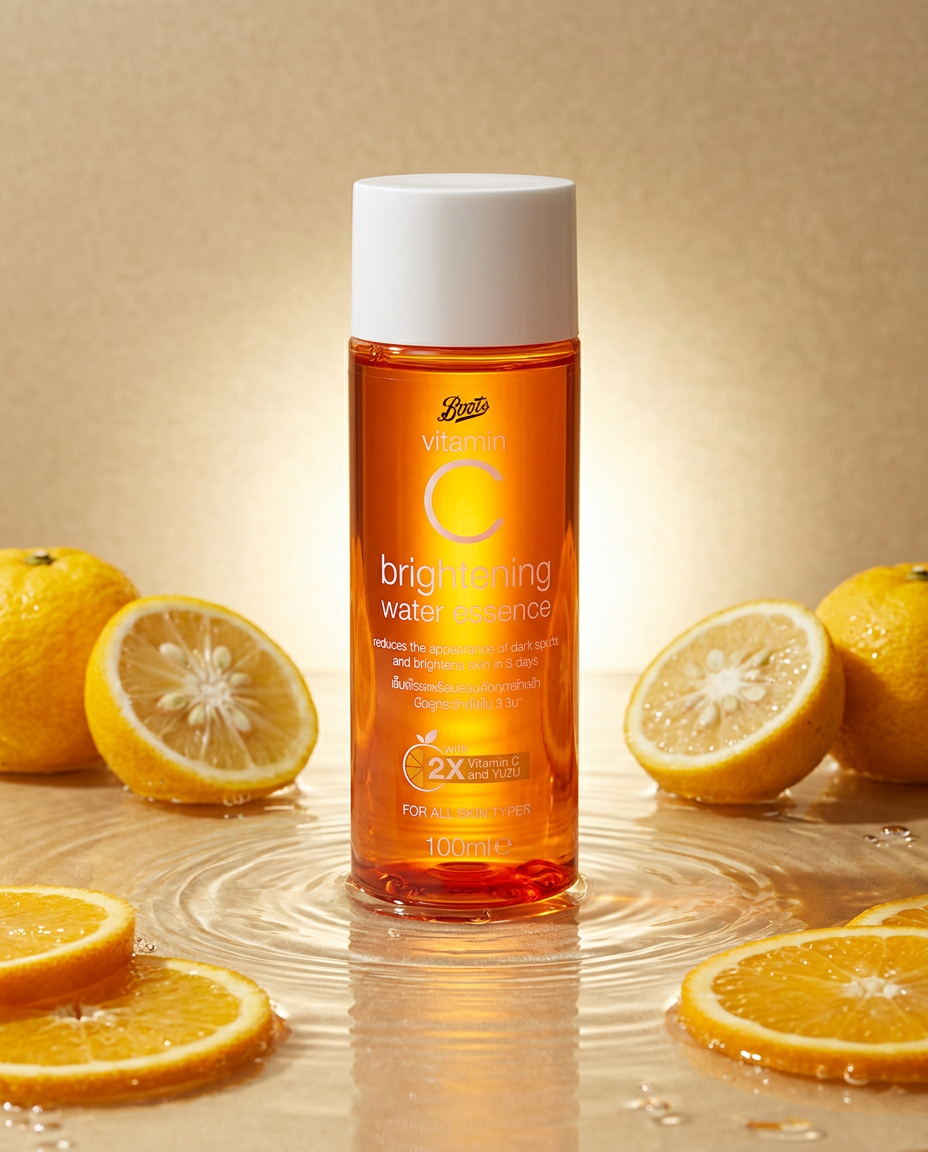 Boots Vitamin C Brightening Water Essence - Flacon entouré d'agrumes
