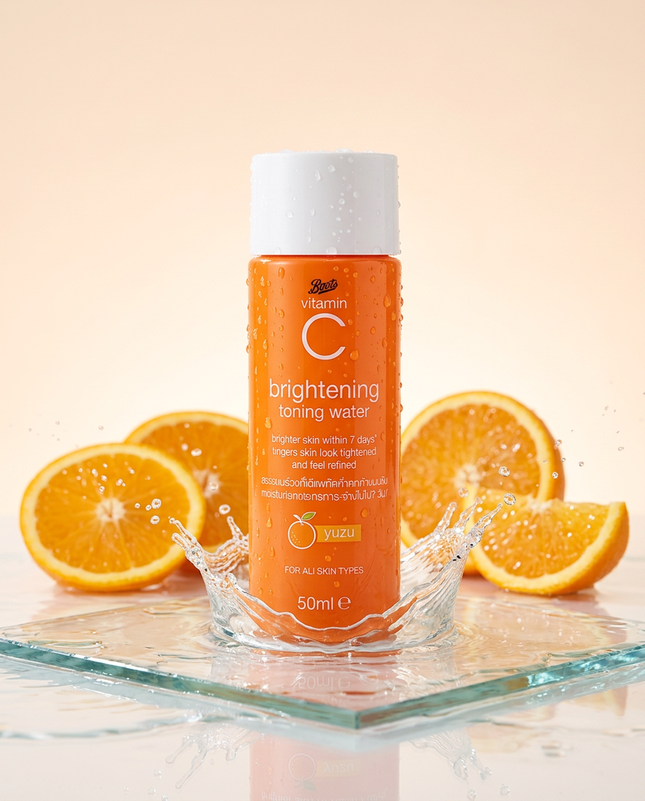 Lotion Tonique Éclat Vitamine C Boots – flacon orange et éclaboussures d'eau